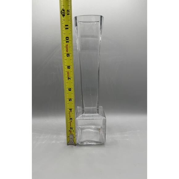 Vase Square Base Fluted Stem Clear Glass MCM Modernistic Clean Lines Vintage - Picture 8 of 8